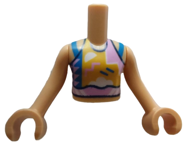 Torso Mini Doll Girl Bright Light Orange Top with Blue, Bright Pink and White Symbols and Blue Straps Pattern, Medium Tan Arms with Hands