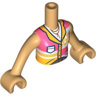 Torso Mini Doll Girl White, Coral and Bright Light Orange Top Pattern, Medium Tan Arms with Hands