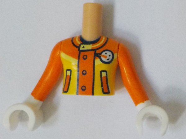 Torso Mini Doll Girl Yellow and Orange Ski Suit Jacket with Black Outlined Pockets, Buttons and Collar with White Snowman Face Pattern, Orange Arms / Sleeves with White Hands / Gloves
