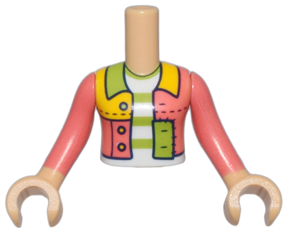 Torso Mini Doll Girl Coral, Lime, and Bright Light Orange Patchwork Jacket Open over White Shirt with Stripes Pattern, Medium Tan Arms with Hands with Coral Long Sleeves