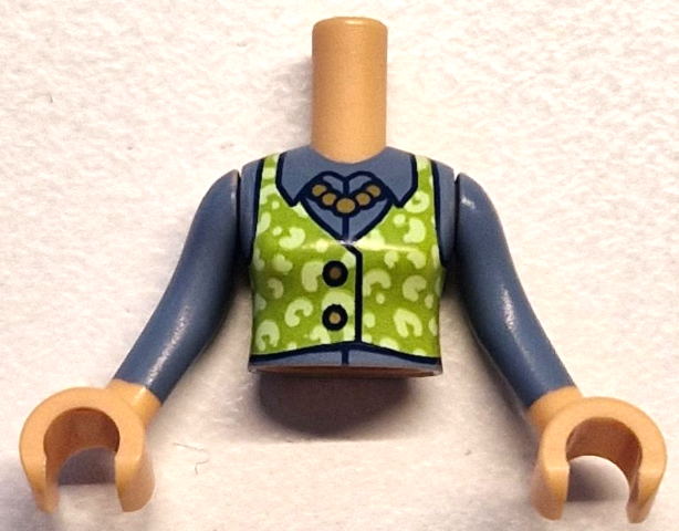 Torso Mini Doll Girl Lime Vest with Yellowish Green Spots, Gold Necklace and 2 Buttons over Sand Blue Blouse Pattern, Medium Tan Arms with Hands with Sand Blue Long Sleeves