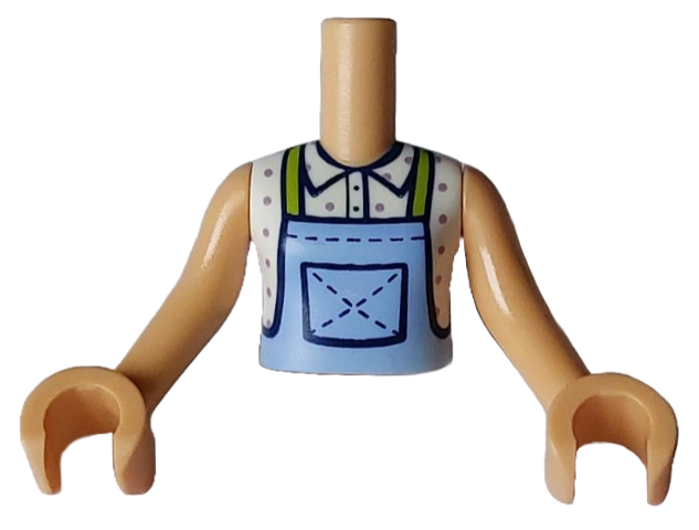 Torso Mini Doll Girl Bright Light Blue Overalls with Black Pocket and Lime Straps over White Shirt with Magenta Dots Pattern, Medium Tan Arms with Hands