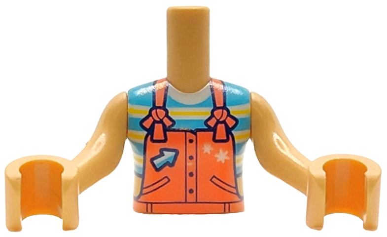 Torso Mini Doll Girl Coral Overalls with Pockets, Stars and Arrow over Medium Azure Top with White and Yellow Stripes Pattern, Medium Tan Arms with Hands