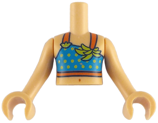 Torso Mini Doll Girl Dark Azure Sleeveless Top Short with Reddish Orange Straps, Yellow Dots, Lime Leaves Pattern, Medium Tan Arms with Hands