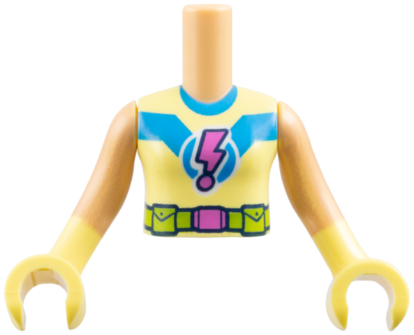 Torso Mini Doll Girl Bright Light Yellow Superhero Costume, Dark Azure Collar and Stripe, Dark Pink Lightning Exclamation Mark, Lime Utility Belt Pattern, Medium Tan Arms with Bright Light Yellow Hands / Gloves