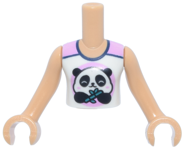 Torso Mini Doll Girl White and Bright Pink Sleeveless Top, Dark Blue Trim, Panda Bear and Bamboo Pattern, Medium Tan Arms with Hands