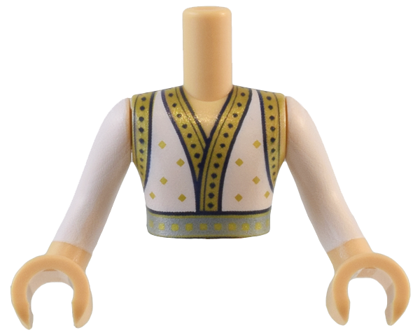 Torso Mini Doll Man Robe with Gold and Black Trim and Sparkles and Metallic Light Blue Belt Pattern, Medium Tan Arms and Hands with White Long Sleeves