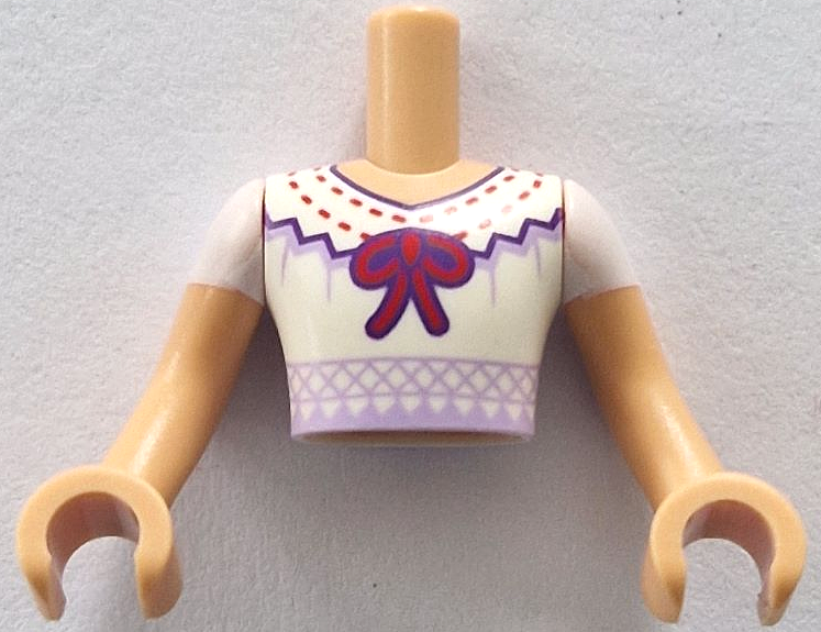 Torso Mini Doll Man White Blouse with Dark Purple and Lavender Trim, Red Stitching and Ribbon Pattern, Medium Tan Arms with Hands with White Short Sleeves