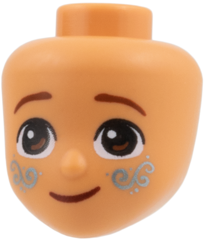 Mini Doll, Head Friends with Reddish Brown Eyebrows and Mouth, Metallic Blue Filigree Tattoos Pattern