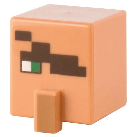 Minifigure, Head, Modified Cube Tall with Raised Rectangle with Pixelated Dark Brown Eye Patch, Green Eye, and Medium Nougat Nose Pattern (Minecraft Blacksmith)
