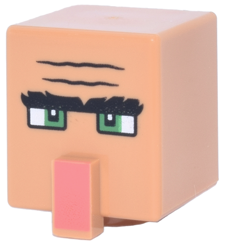 Minifigure, Head, Modified Cube Tall with Raised Rectangle with Black Forehead Creases and Bushy Unibrow, Green Eyes and Coral Nose Pattern (Minecraft Villager)