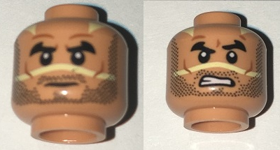 Minifigure, Head Dual Sided Beard Stubble, Black Thick Eyebrows, Neutral / Bared Teeth Angry Pattern (SW Quinlan Vos)