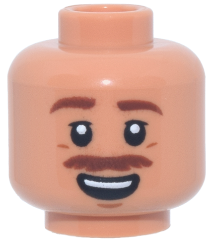 Nougat head with a reddish brown moustache, eyebrows, and a wide open mouth smile.