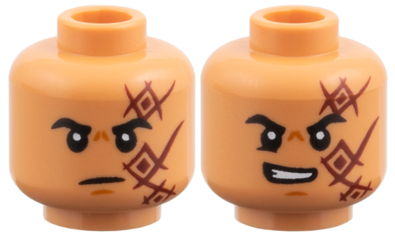Nougat dual-sided head with dark red square tattoos