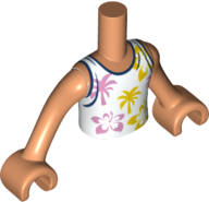 Torso Mini Doll Boy White Tank Top with Bright Pink and Bright Light Orange Flowers and Palm Trees Pattern, Nougat Arms with Hands