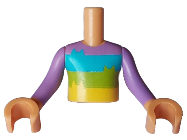 Torso Mini Doll Boy Medium Lavender Shirt with Medium Azure, Lime and Yellow Stripes with Cat Ears Pattern, Nougat Arms with Hands with Medium Lavender Long Sleeves