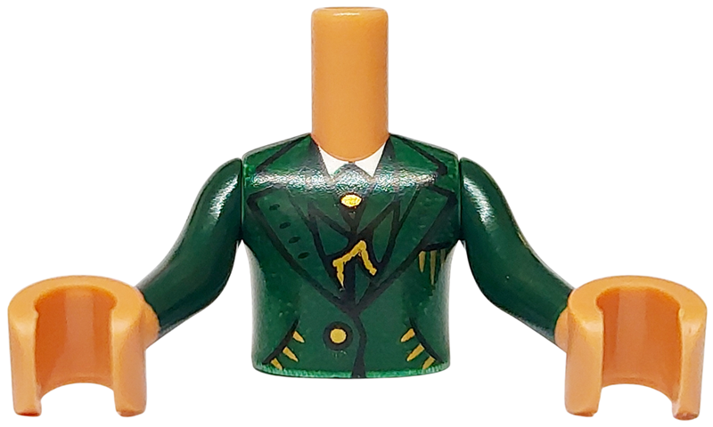 Torso Mini Doll Boy Suit Jacket and Waistcoat over White Shirt, Gold Chain and Buttons Pattern, Nougat Arms with Hands with Dark Green Long Sleeves
