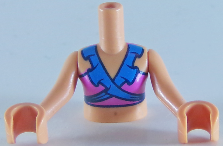 Torso Mini Doll Girl Dark Pink and Dark Azure Swimsuit Top Pattern, Nougat Arms with Hands