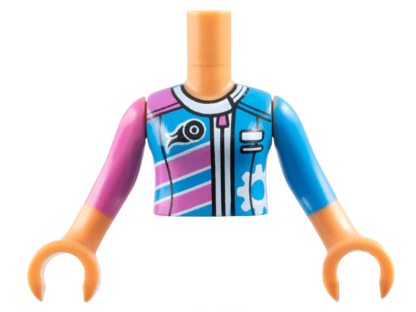 Torso Mini Doll Girl Dark Pink and Dark Azure Racing Jacket Pattern, Nougat Arms with Hands with Dark Pink Right Sleeve, Dark Azure Left Sleeve