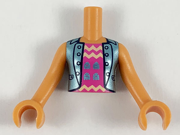 Torso Mini Doll Girl Dark Pink Top with Zigzag Stripes, Blue Jacket Pattern, Nougat Arms with Hands