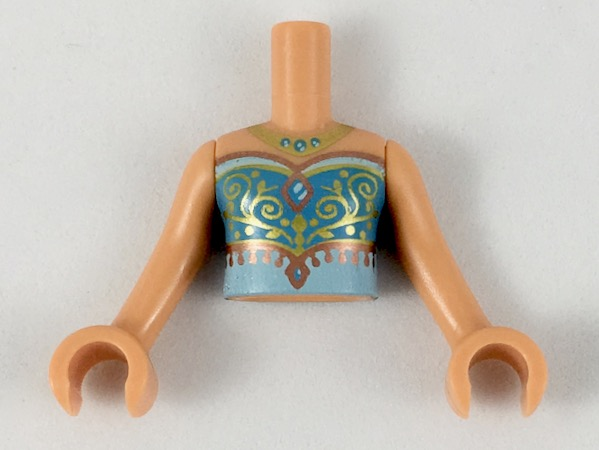 Torso Mini Doll Girl Medium Azure and Light Aqua Top with Gold Necklace and Filigree, Copper Trim Pattern, Nougat Arms with Hands