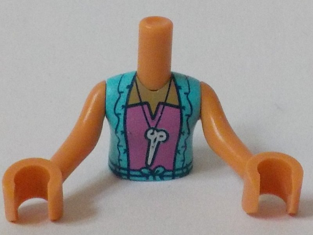 Torso Mini Doll Girl Medium Azure Vest with Ruffles over Dark Pink Top with Scissors Pattern, Nougat Arms with Hands