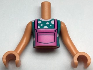 Torso Mini Doll Girl Dark Pink Overalls over Dark Turquoise and White Polka Dots T-Shirt Pattern, Nougat Arms with Hands