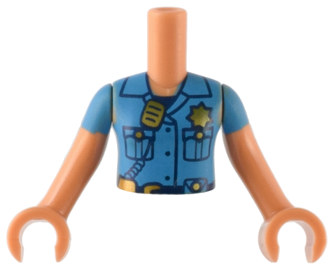 Torso Mini Doll Girl Dark Azure Police Uniform with Gold Badge and Radio Pattern, Nougat Arms with Hands with Dark Azure Short Sleeves