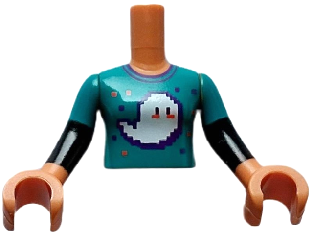 Torso Mini Doll Girl Dark Turquoise Shirt with White Ghost, Dark Purple and Coral Squares Pattern, Nougat Arms with Hands with Dark Turquoise and Black Sleeves