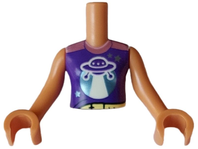 Torso Mini Doll Girl Dark Purple Sleeveless Shirt with UFO, Metallic Pink Collar, Metallic Light Blue Stars and Panels, and Bright Light Yellow Belt Pattern, Nougat Arms with Hands