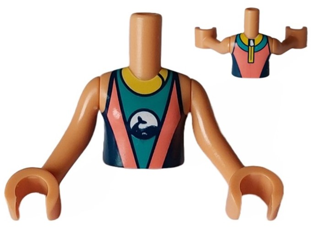 Torso Mini Doll Girl Coral, Dark Turquoise and Dark Blue Wetsuit with Yellow Collar and Zipper and Dolphin / Whale Logo Pattern, Nougat Arms with Hands