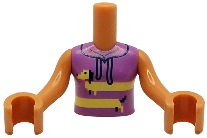 Torso Mini Doll Girl Medium Lavender Sleeveless Hoodie with Black Strings and Bright Light Yellow Dachshund with Red Collar Pattern, Nougat Arms with Hands