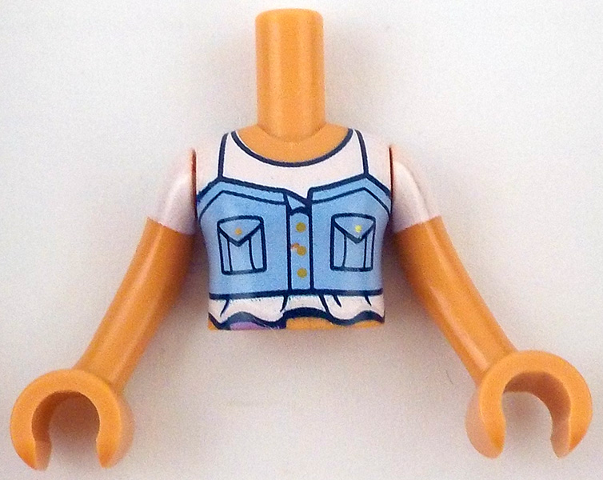 Torso Mini Doll Girl Bright Light Blue Vest with Dark Blue Pockets over White T-Shirt with Folds, Medium Lavender Ostomy Bag Pattern, Nougat Arms with Hands with White Short Sleeves