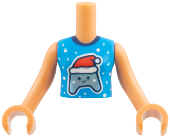 Torso Mini Doll Girl Dark Azure Sleeveless Top with Dark Blue Collar, White Snowflakes, Metallic Light Blue Game Controller with Santa Hat Pattern, Nougat Arms with Hands