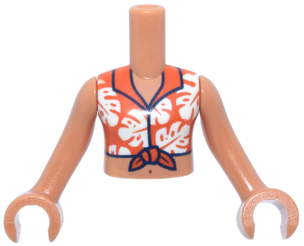 Torso Mini Doll Girl Reddish Orange Cropped Shirt with Bow, White Monstera Leaves and Dark Blue Trim, Medium Nougat Belly Button Pattern, Nougat Arms with Hands