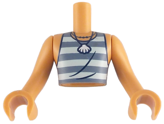 Torso Mini Doll Man Light Aqua and Sand Blue Striped Sleeveless Shirt and Necklace with White Shell Pattern, Nougat Arms with Hands