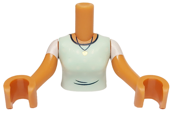 Torso Mini Doll Woman Light Aqua Scrubs Top with White Dots and Silver Pendant Necklace Pattern, Nougat Arms with Hands with White Short Sleeves
