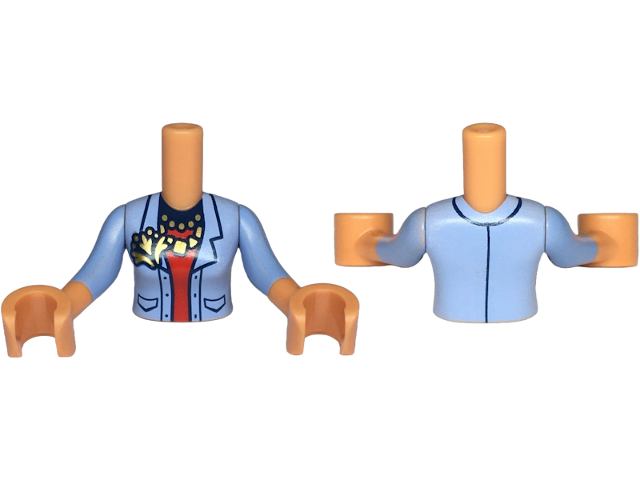 Torso Mini Doll Woman Bright Light Blue Jacket Open over Red Shirt with Dark Blue Collar, Gold Necklaces and Pendant Pattern, Nougat Arms with Hands with Bright Light Blue Medium Long Sleeves