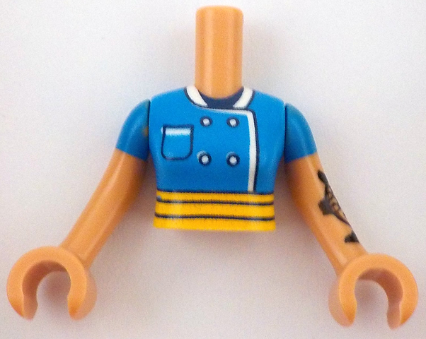 Torso Mini Doll Woman Dark Azure Chef Jacket with Pocket and White Trim, Dark Blue Neck and Bright Light Orange Apron Belt Pattern, Nougat Arms with Hands with Dark Azure Short Sleeves and Black Fish and Heart Tattoos on Left Arm
