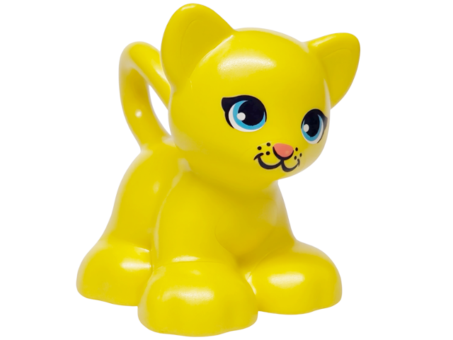 Duplo Cat Kitten Standing with Molded Yellow Feet, Chest, Muzzle, Tail Tip, and Inner Ears and Printed Black Mouth and Nose, Medium Azure Eyes, Coral Tongue Pattern