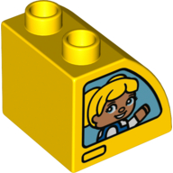 Duplo, Brick 2 x 2 x 1 1/2 Slope Curved with Boy with Blue Cap on One Side and Blond Girl on Other Side Pattern