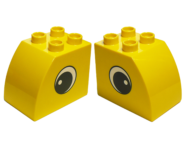 Duplo, Brick 2 x 3 x 2 Slope Curved with Circled Black Eye with White Pupil Pattern on Both Sides