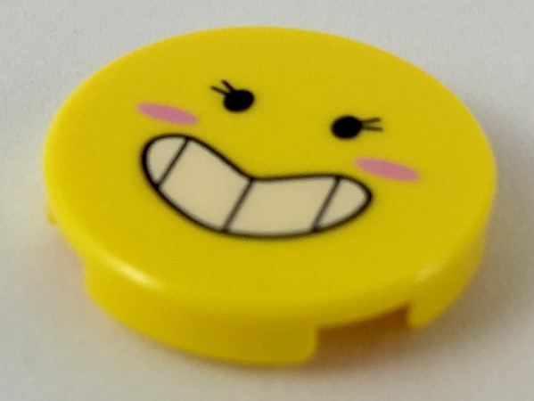 Tile, Round 2 x 2 with Bottom Stud Holder with Black Eyes with Eyelashes, Large Smile Showing Teeth, Dark Pink Blush Pattern