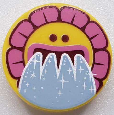 Tile, Round 2 x 2 with Bottom Stud Holder with Sunflower Face, Dark Pink Flakes and Water Pouring from Mouth Pattern