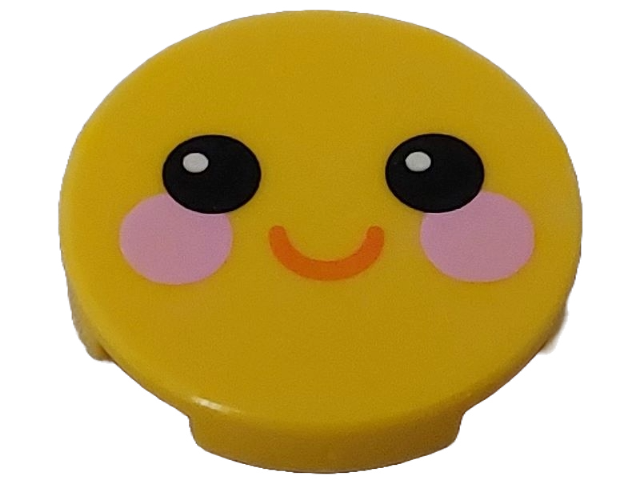 Tile, Round 2 x 2 with Bottom Stud Holder with Face with Black Eyes, Bright Pink Circles on Cheeks, Coral Smile Pattern