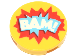 Tile, Round 2 x 2 with Bottom Stud Holder with 'BAM!' in Blue and Red Starburst Explosion Pattern