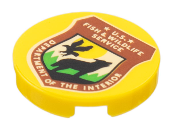 Tile, Round 2 x 2 with Bottom Stud Holder with Reddish Brown Shield, Black Wolf, Bird, 'U.S. FISH & WILDLIFE SERVICE DEPARTMENT OF THE INTERIOR' Pattern
