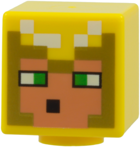 Minifigure, Head, Modified Cube with Pixelated Nougat Face, Green Eyes, Gold Helmet, Black Mouth, and White Highlights Pattern (Minecraft Undying Protector)