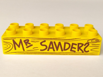 Duplo, Brick 2 x 6 with 'MR SANDERS' and Wood Grain Pattern