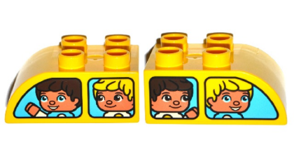 Duplo, Brick 2 x 3 Slope Curved with Medium Azure Vehicle Windows with Boys Pattern